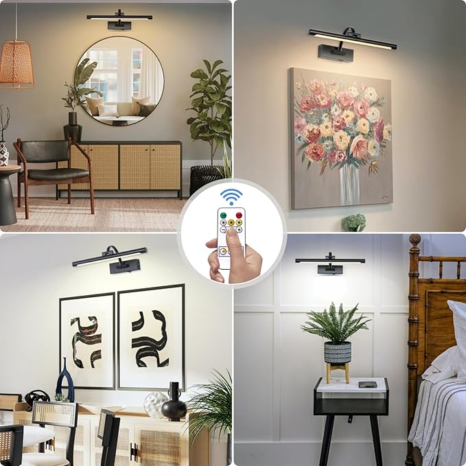 Tassuowell Wireless Battery Operated Picture Light,Rechargeable Wall Light with Remote and Timer,15.75 Inch Black Dimmable Painting Light,3CCT with Adjustable Swing Arm for Display Gallery Lighting