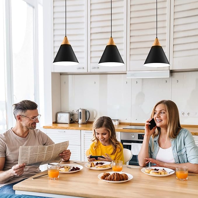 Black Pendent Light Fixtures 1 Pack 9.4 inches,Wood and Metal Kitchen Island Lights Ceiling Hanging,Pendant Lights Kitchen,Farmhouse Kitchen Light Fixtures for Bedroom,Hallway,Bar