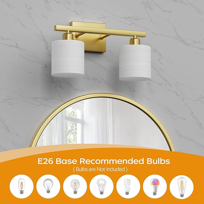 PARTPHONER Bathroom Light Fixtures, Bathroom Lighting Fixtures Over Mirror, Interior Classic Vanity Lights, Modern Vanity Light with Textured White Glass Shade, Brushed Gold, 2-Light