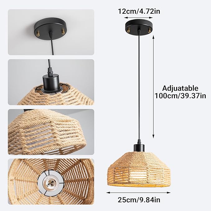 Battery Operated Pendant Light with Remote,Battery Hanging Light Rattan Woven Chandelier No Wiring Needed,Rechargeable Light Bulb 50+Hours Continue Use,Perfect for Kitchen Islands Ceiling Lighting