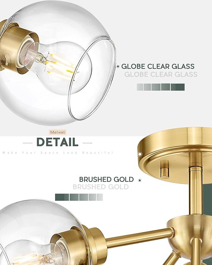 6-Light Semi Flush Mount Ceiling Light, 22" Modern Light Fixtures Ceiling Mount with Globe Clear Glass Shade, Brushed Gold Light Fixtures for Kitchen Entryway Bedroom, SM195-BG-6