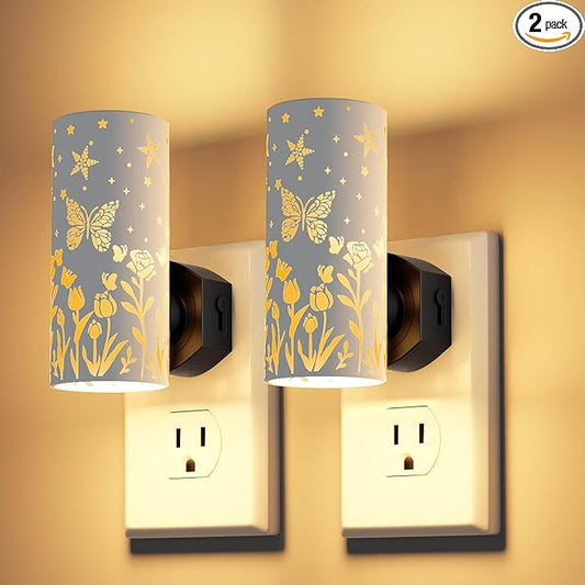 LED Night Lights Plug into Wall, 2-Pack 3000K Bright Plug in Nightlights, Dusk-to-Dawn, Dimmable 0-100LM, Auto-On/Off, Home Decor for Bedroom, Bathroom, Hallway, Kitchen, White Butterfly