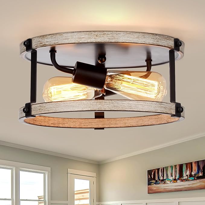 Farmhouse Flush Mount Ceiling Light Fixture, 12.5 Inch 2-Light Rustic Ceiling Mount Light Fixtures, Round Drum Oak Wood Finish Flush Mount Lights for Kitchen Bedroom Hallway Dining Room