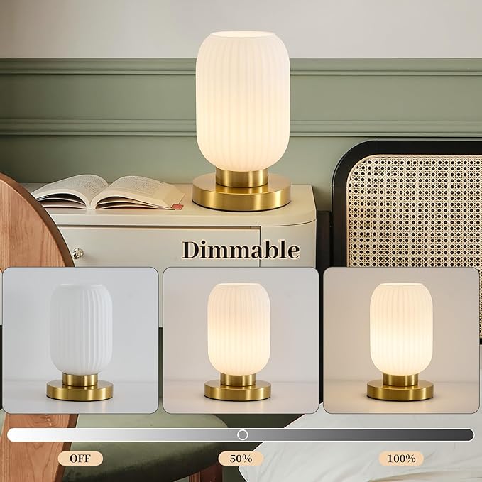 Dimmable White Glass Table Lamp: Mid Century Modern Nightstand Light with Milk White Shade - Small Decorative Brass Desk Lamp - Ribbed Glass Bedside Tables Lamps for Bedroom Living Room Bulb Excluded