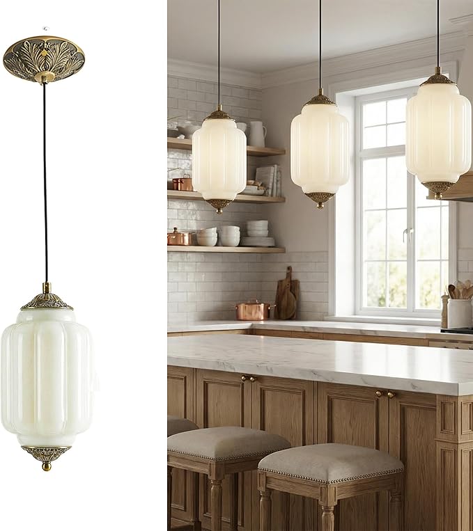 Vintage Milk Glass Pendant Lights Kitchen, Brass color Glass Ceiling Light Fixture, Retro Industrial Pendant Lighting for Dining Room, Kitchen,, Entryway, Hallway (Gold metal + white glass., 5.5in)