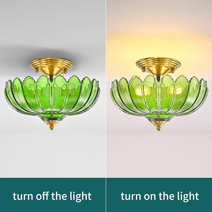 Green Glass Ceiling Light Fixture - Handcrafted Art Glass Semi Flush Mount Chandelier, 3 E26 Bases with Natural Green Shade Lighting, Modern Farmhouse Decor for Kitchen Dining Hallway