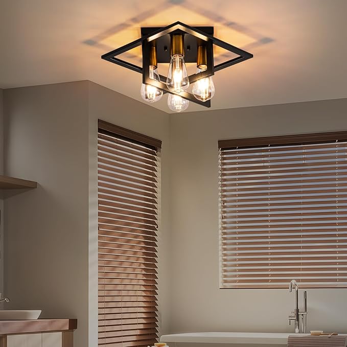 Semi Flush Mount Ceiling Light Fixture, 4 Light Industrial Ceiling Light,Black Frame & Gold Accent, Close to Ceiling Farmhouse Lighting for Kitchen, Bathroom, Bedroom, Hallway (E26,1-Pack)