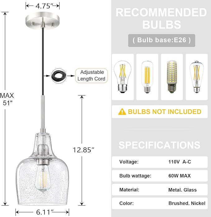3 Pack 1 Light Indoor Hanging Kitchen Island Pendant Ceiling Light 6.1" Clear Seeded Glass Fixture,Brushed Nickel Finish for Farmhouse Over Sink Bedroom Hallway