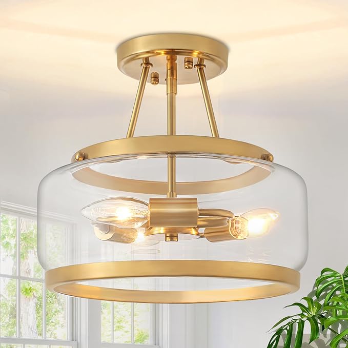 Brushed Gold Modern Ceiling Light Semi Flush Mount Hallway Lights Entryway Chandelier 3-Light Drum Glass Bathroom Ceiling Lighting Fixtures for Kitchen Foyer Bedroom Laundry Dining Room