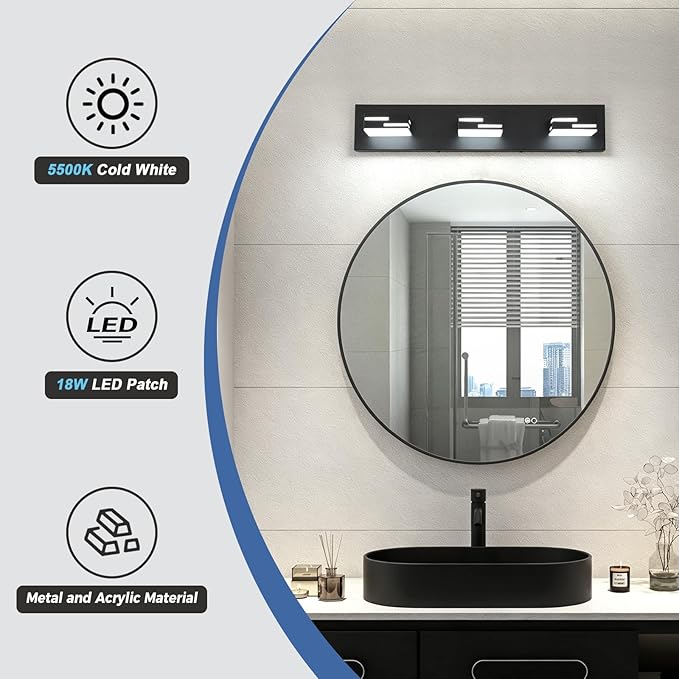 3-Light Modern Bathroom Vanity Light Fixtures, 24-Inch 350° Rotatable LED Vanity Lights Over Mirror, Matte Black Metal Wall Sconce with Acrylic Shade for Makeup Cabinet, Non-Dimmable