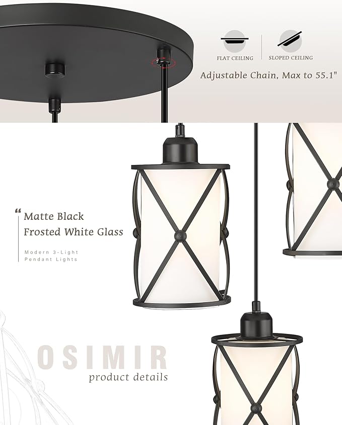 3-Light Dining Room Chandelier Light Fixtures, Black Pendant Lighting with Frosted Glass, Modern Kitchen Island Cluster Hanging Pendant Lights for Sink, CH9176BKW3