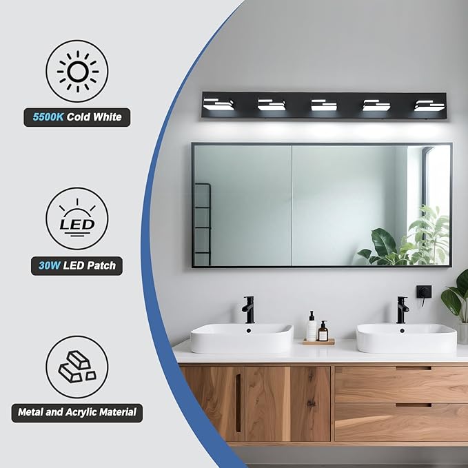 5-Light Modern Bathroom Vanity Light Fixtures, 40-Inch 350° Rotatable LED Vanity Lights Over Mirror, 40W Matte Black Metal Wall Sconce with Frosted Acrylic Shade, Non-Dimmable