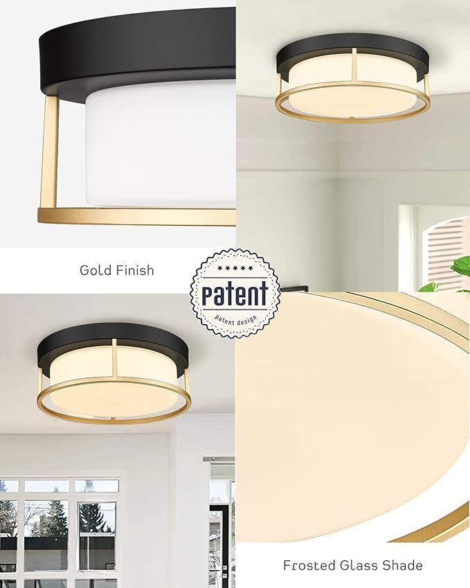 LED Modern Ceiling Light Fixture, 12 Inch 24W 1100Lumens Flush Mount Ceiling Lamp, Dimmable 3000K Matte Black Finish Gold Metal Frame with Frosted Glass Cover Close to Ceiling Light