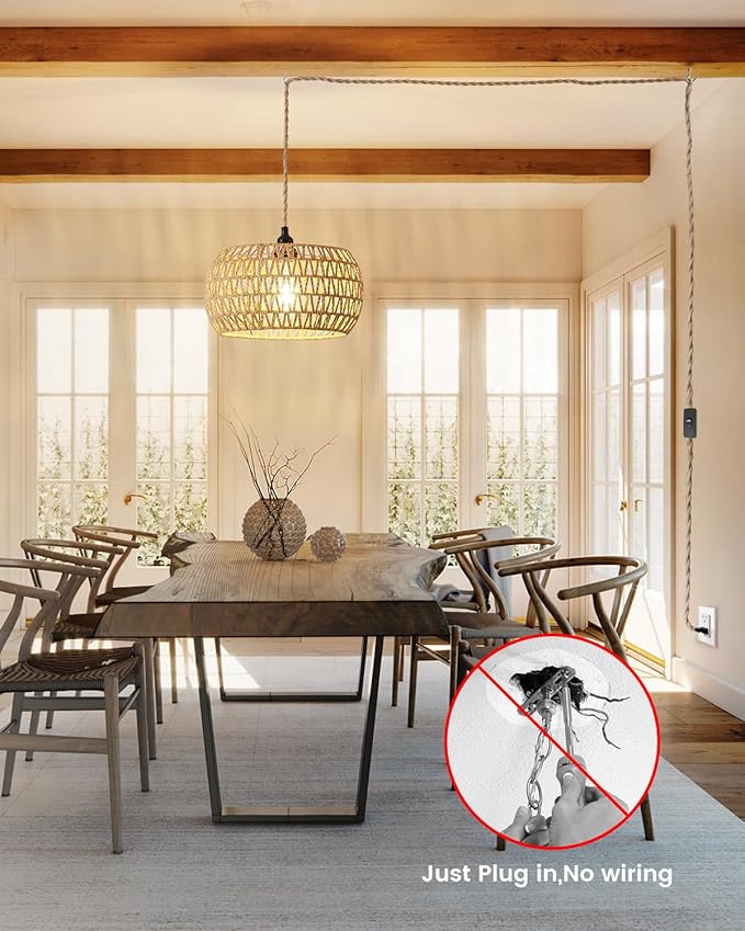 Rattan Boho Hanging Light,12.6'' Natural Hand Woven Fabric Drum Light,Plug Into Wall Outlet Pendant Light Fixture On/Off Switch for Dining,Living Room,Bedroom,Kitchen,Hallway Entryway, Without Bulb