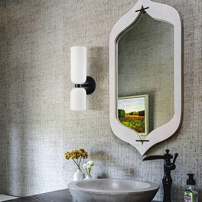 DEYNITE Black Wall Sconces Set of 2 Modern Farmhouse 2-Light Wall Light Bathroom Vanity Light,Milky White Glass Light for Bedroom, Living Room, Kitchen