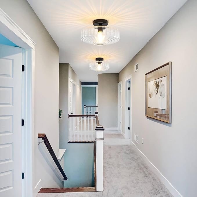 Semi Flush Mount Ceiling Light, 11.8" Vintage Clear Glass Ceiling Lights, 1-Light Mid Century Modern Drum Close to Ceiling Light Fixtures for Bedroom Kitchen Entryway Hallway Porch Foyer