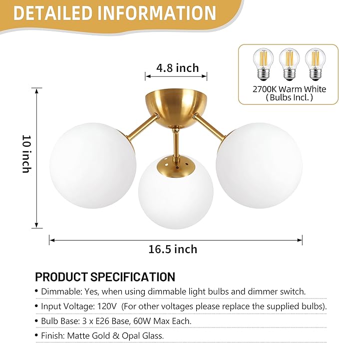 Mid-Century Modern Semi Flush Mount Ceiling Light 3 Lights Opal Glass Modern Globe Ceiling Light Gold Brass Sputnik Chandeliers for Hallway Entryway Kitchen Bedroom Laundry(Bulb Incl.)