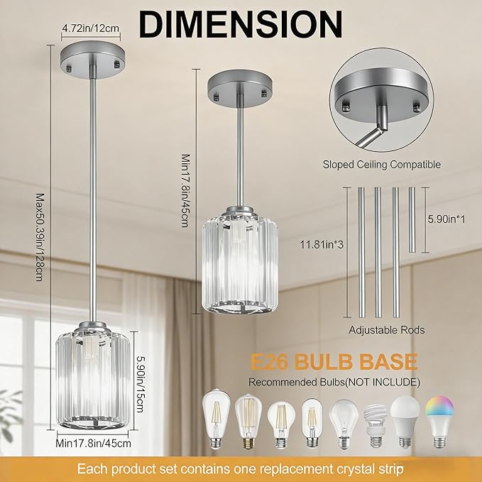 Pendant Lights Kitchen Island 3 Pack, Adjustable High Brushed Nickel Modern Crystal Mini Chandelier Ceiling Hanging Pendant Light Fixtures for Kitchen Hallway Dining Room Bedroom