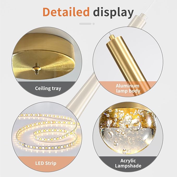 3 Pack Modern Gold LED Pendant Light, Kitchen Island Ceiling Hanging Lights, Teardrop Bubble Crystal, 3 Color 2700K/4500K/6500K, Bedside Small Chandeliers Lamps for Bar, Dining Room, Hallway, Foyer