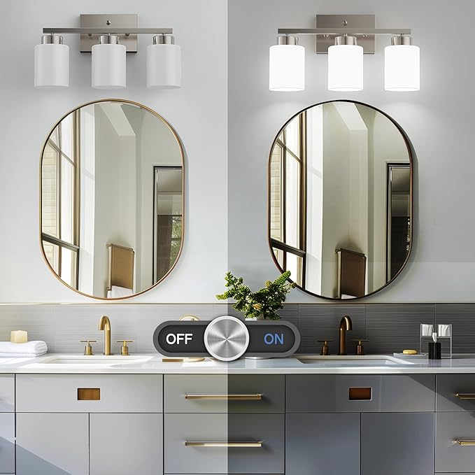 PARTPHONER 3-Light Brushed Nickel Bathroom Light Fixtures, Modern Vanity Light Over Mirror Lighting, Wall Sconce with Frosted Milky White Glass Shades for Bedroom Living Room Kitchen Hallway
