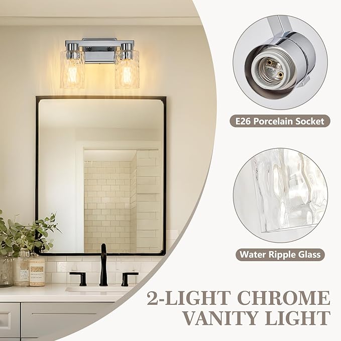 2-Light Bathroom Light Fixtures Modern Chrome Vanity Lights with Water Ripple Glass Wall Sconces Over Mirror for Bathroom, Powder Room, Living Room