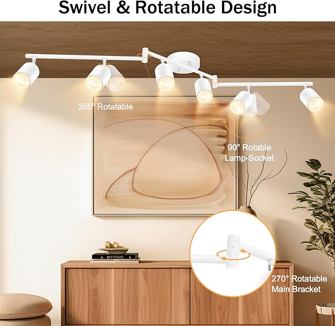 BoostArea LED 6 Light Track Lighting Kit, White 6 Way Ceiling Spot Lighting, Flexibly Rotatable Light Head for Kitchen, Living Room, Bedroom, GU10 Bulb Not Included