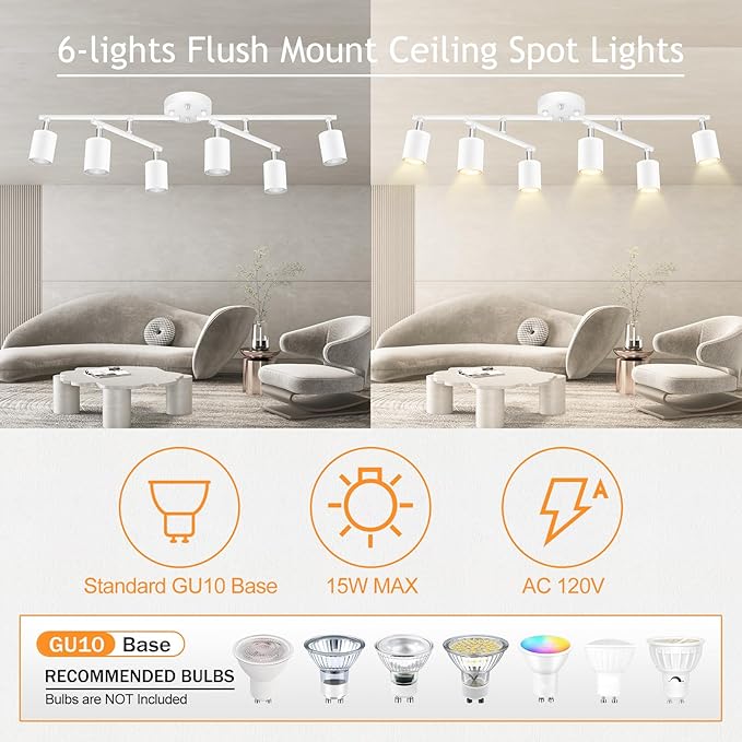 BoostArea 6 Light Track Lighting Kit, White 6 Way Ceiling Spot Lighting, Center Swivel Track Light Heads, Flexibly Rotatable Light Head for Kitchen, Living Room, Bedroom, GU10 Bulb Not Included