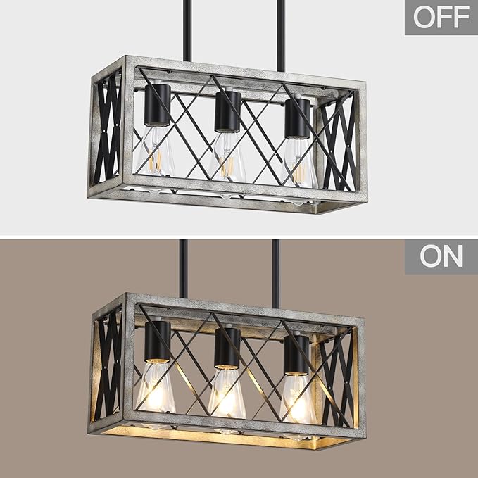 KEESFU Farmhouse Kitchen Island Lighting Ceiling, 3 Lights Pendant Lighting Fixtures, Adjustable Height, Industrial Dining Room Light