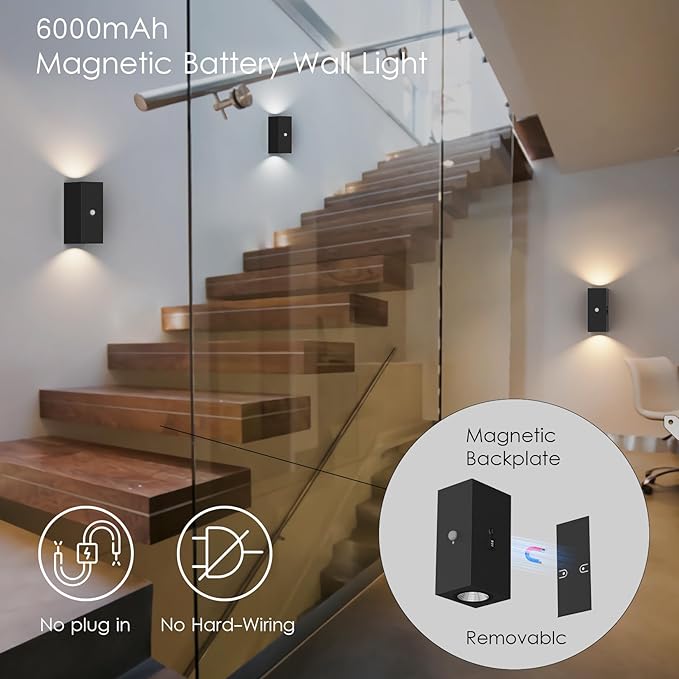 Aipsun Black Battery Operated Wall Sconces 2 Packs with Motion Sensor, Rechargeable Black LED Wall Lighting, Wireless Indoor Aluminum Wall Lights for Living Room, Hallway, Bedroom