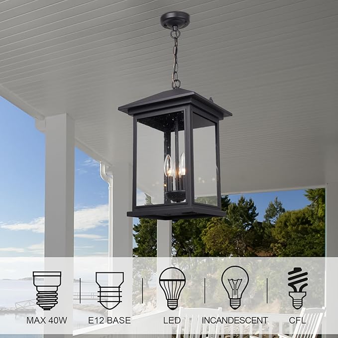 Treekee Large Outdoor Pendant Light, Modern Adjustable Hanging Lantern, Black Outside Porch Chandelier Light with Seeded Glass, Exterior Pendant Lighting for Patio, Porch, Yard, Gazebo