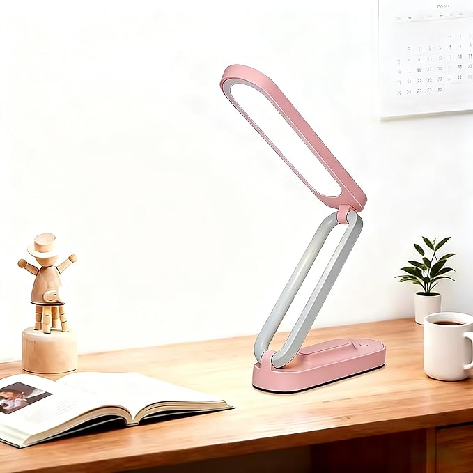 Rechargeable LED Desk Lamp, Foldable Portable Table Light with 3 Brightness Levels,Type-C USB Charging,Small Desk Lamp,Portable Bedside Wireless Reading Light,Home, Office, Nail Art,Craft,Pink