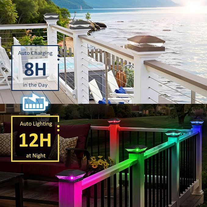 T-SUN Solar Post Cap Lights Outdoor 6 Pack, 2 Modes LED Fence Post Solar Lights Fit for 4x4 5x5 6x6 Vinyl/Wooden Posts, Waterproof Deck Post Lights Solar Powered for Garden Patio Gate Porch
