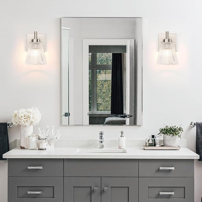 OCIOC Vintage Wall Sconce Set of 2 with Glass Shade Brass Sconces Brushed Nickel Bathroom Vanity Light Fixtures Modern Wall Lighting Fixture for Bedroom Bedside Door Header