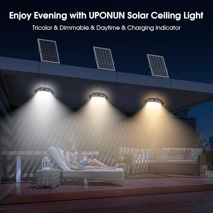 Solar Ceiling Light, Daytime & Night 6000K/4000K/3200K Solar Shed Light with On Off Switch & Remote, Dimmable Waterproof Barn Lights Indoor & Outdoor for Cabin Shelter Hallway Tools Room