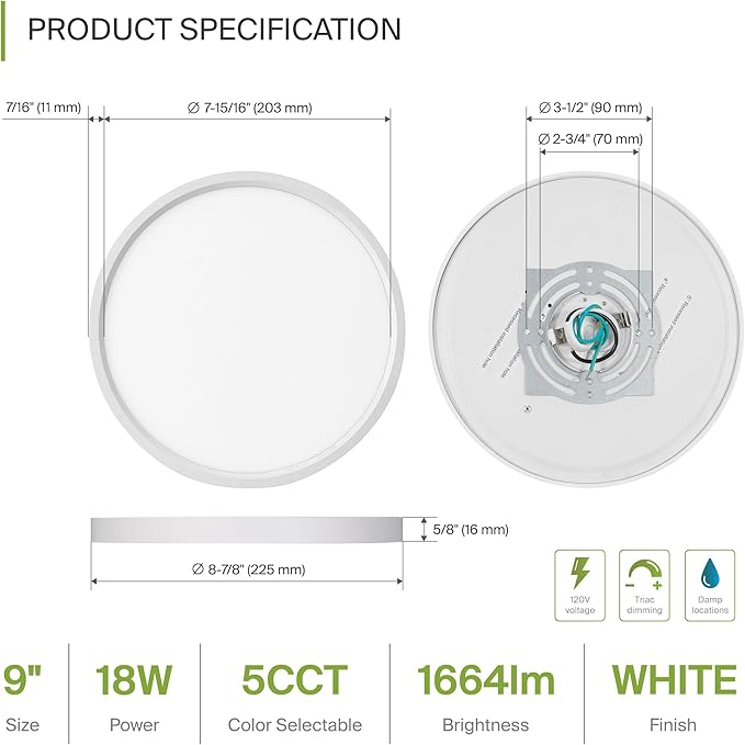 ASD LED 9" Round Flush Mount Ceiling Light Fixture, Low Profile Surface Lighting | 5CCT, Dimmable, Ultra-Thin, ETL Listed | 18W 1660LM 2700-6000K 120V | Kitchen, Bedroom, Hallway Lamp | White