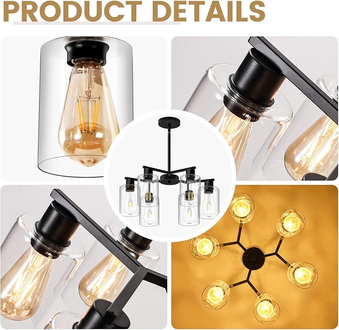 6-Light Modern Black Chandelier Farmhouse Dining Room Light Fixture with Clear Glass Shade Hanging Ceiling Pendant Lighting for Kitchen Island Living Room Hallway