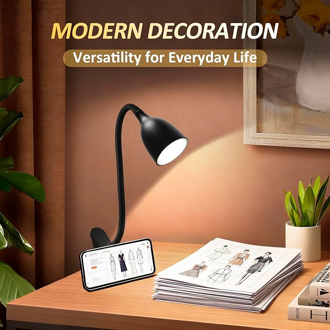 EJIAXIN Desk Lamp for Home Office - Clip on Reading Light and Bed Headboard Clamp Lamp, Bedside Gooseneck Table Lamp, Clip on Desk Lamps, Eye-Caring Desk Lamp for College Dorm Room Study Lamp, Black