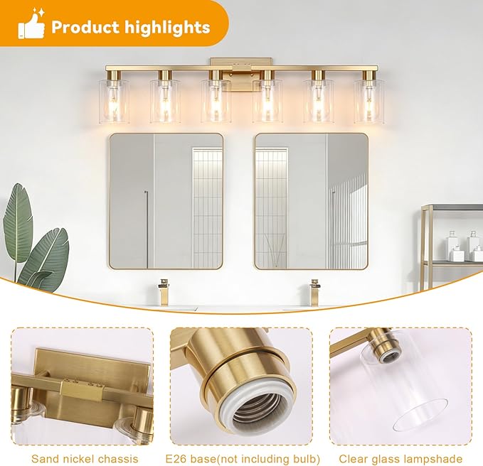6 Light Bathroom Vanity Light Brushed Gold , Gold Bathroom Light Fixtures for Bathrrom Large Wall Sconce with Clear Glass Shade Rust and Moisture Prevention Easy to Install Vanity Lights over Mirror