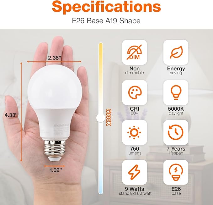 Sylvania ECO LED A19 Light Bulb, 60W Equivalent, Efficient 9W, 7 Year, 750 Lumens, Non-Dimmable, Frosted, 5000K, Daylight - 8 Pack (40883)