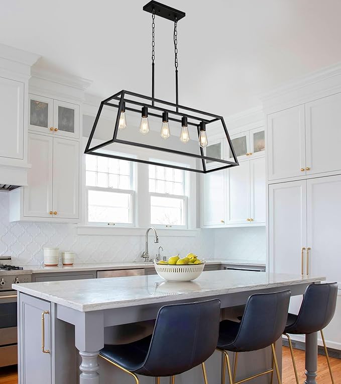 Black 5-Light Farmhouse Kitchen Island Lighting, Modern Industrial Linear Rectangle Chandelier Pendant Light Fixtures, Metal Vintage Cage Chandelier for Dining Room Kitchen Bar Foyer, E26 Base
