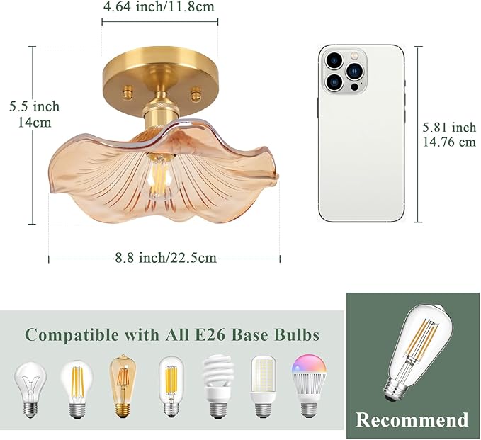 Semi Flush Mount Ceiling Light,Flower Amber Glass Ceiling Lighting 8.8" E26 Porch Ceiling Light Fixtures for Closet Hallway Kitchen Dining Room