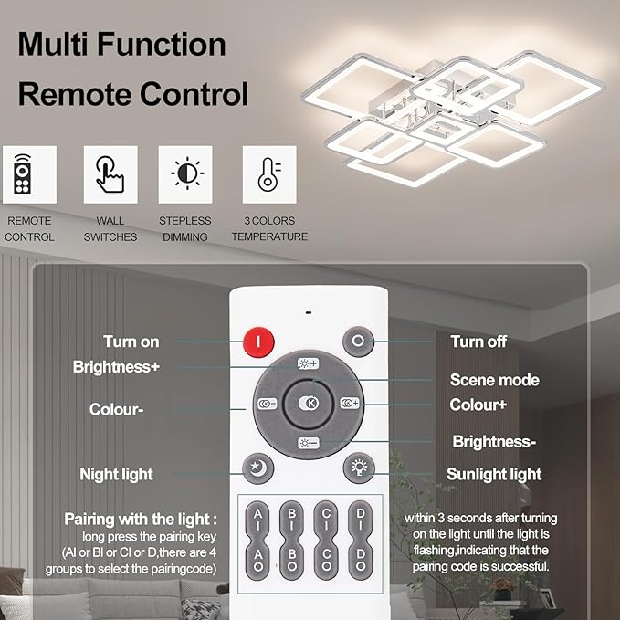 Modern LED Ceiling Light 35.04" Dimmable Chrome Flush Mount Ceiling Light with Remote 7 Rings 90W 3000K-6500K Ceiling Lamp for Living Room,Bedroom,Kitchen