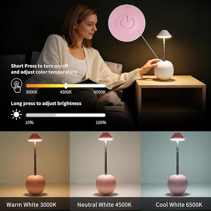 Rechargeable LED Table Light, Tumbler Cordless Table Lamp with 3 Colors & 7 RGB Stepless Dimmable Touch Control Lamps for Patio Restaurant Dining Home Bars (Pink)