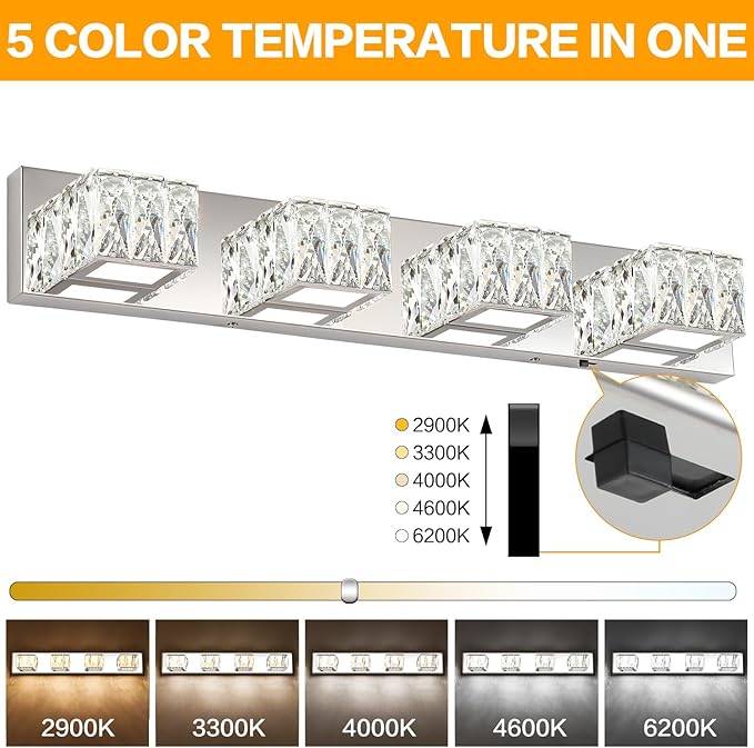 ZUZITO Modern Bathroom Light Fixtures - Crystal 4 Light Bathroom Vanity Light 5CCT Dimmable - LED Chrome Vanity Lighting Fixture