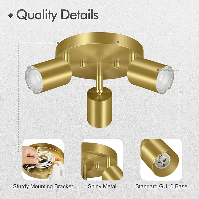 3 Light Track Lighting Fixtures Ceiling, Gold Round Directional Ceiling Spotlight, GU10 Flush Mount Track Fixture, Adjustable Modern LED Ceiling Lights for Kitchen/Living Room, Bulb Not Included