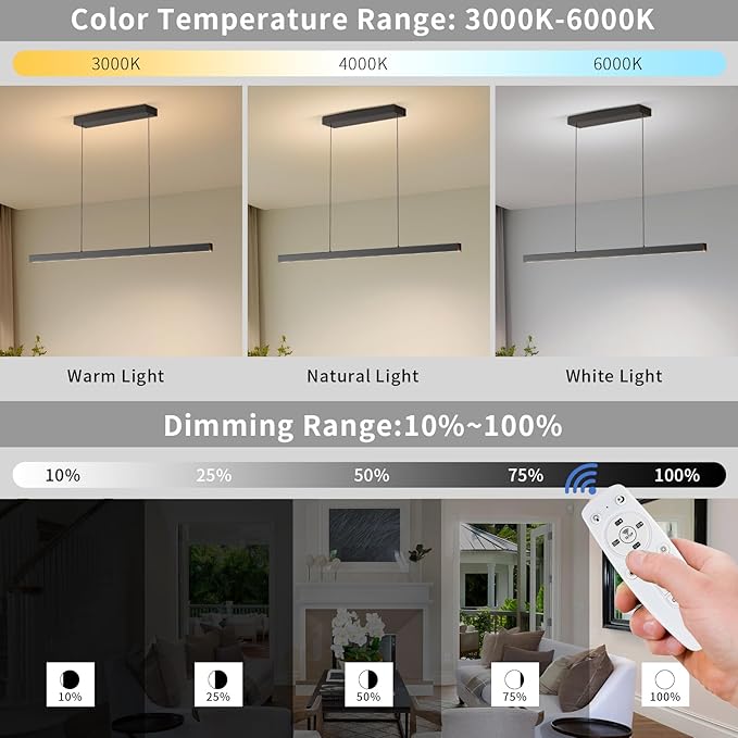 Modern Island Lights, 57in LED Pendant Light Dimmable with Remote Control 3000k-6000K Adjustable Color Temperature, Aluminum Chandelier Lamp Fixture for Kitchen, Dining Room, Billiard Room