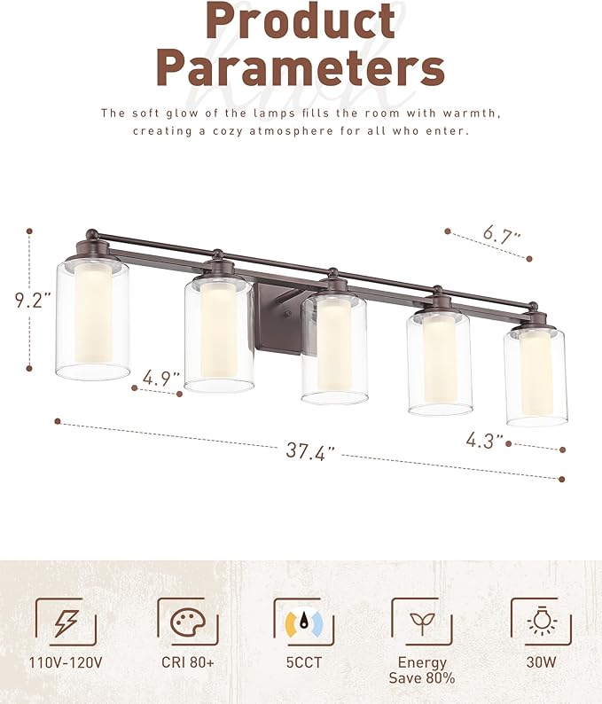 HWH 5-Light Bathroom Vanity Light Fixture, Oil-Rubbed Bronze Bathroom Lights Over Mirror, 30W 5CCT Dimmable LED Vanity Lights with Clear Glass, 5HLT63B-5W-LED ORB