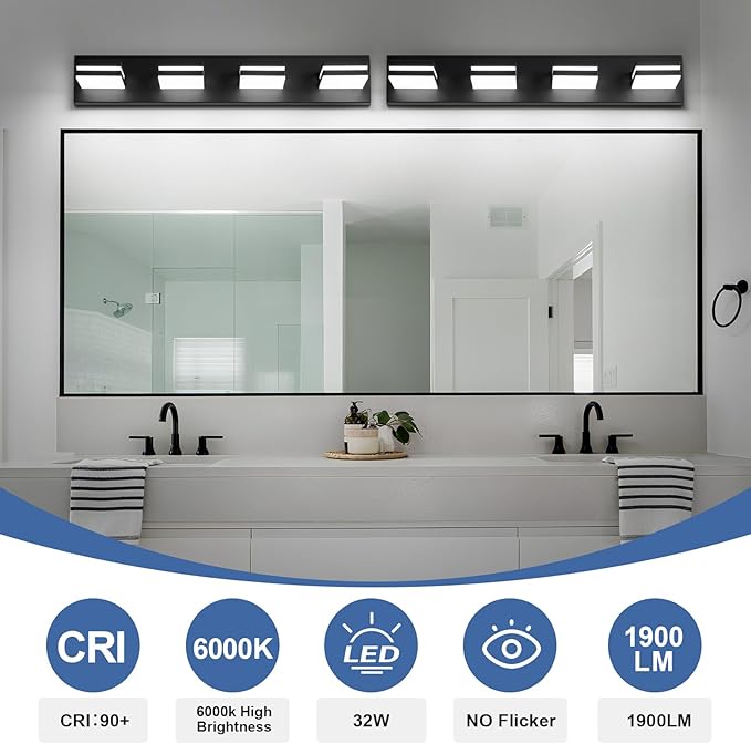 Modern LED Bathroom Lights Fixtures 4-Light,Metal Black Acrylic Wall Lighting,Vanity Lights for Bathroom Over Mirror 6000k 27in