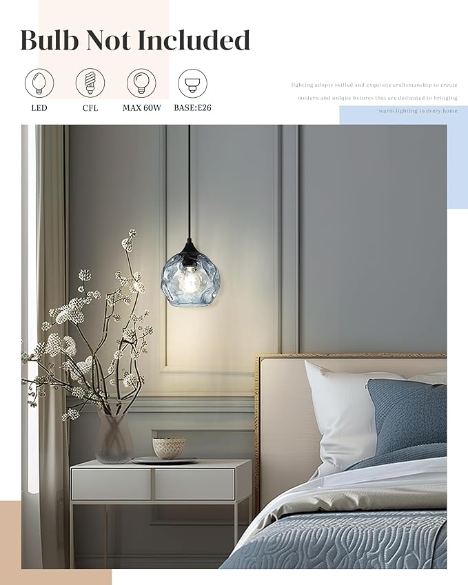 Emliviar 1-Light Pendant Lighting Hammered Glass, Modern Blue Ceiling Hanging Light for Kitchen, DYE287G1-MIL BK