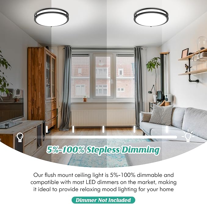 13 Inch LED Ceiling Light Fixture Black, 36W 4400Lm Flush Mount Ceiling Lamps, Dimmable 5CCT 2700K/3000K/4000K/5000K/6500K, Super Bright Modern Bedroom Ceiling Lights for Kitchen Hallway, 2 Packs